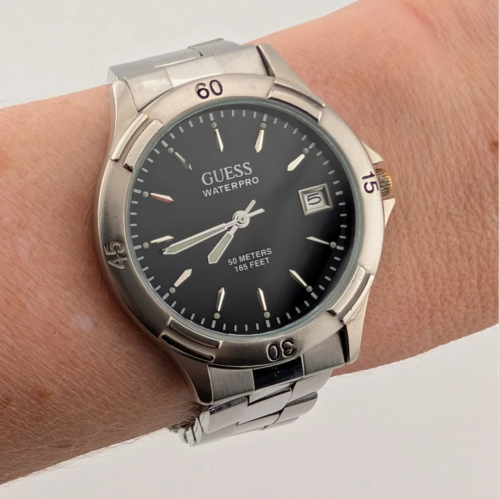 Guess Waterpro 50M Black Dial Date SS Quartz Watch Comfort Extension